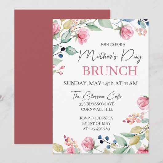 Moederdag Brunch Pink Floral Greenery Kaart (Voorkant / Achterkant)