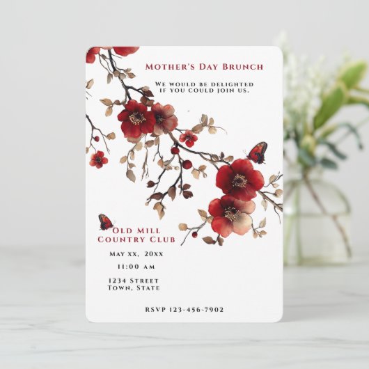 Moederdag brunch rode bloemen vlinders kaart (Staand voorkant)