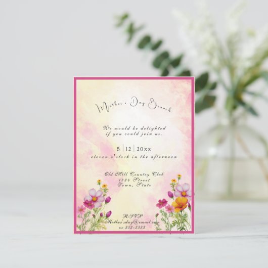 Moederdag Brunch Roze Gele Cosmos Bloemen Kaart (Staand voorkant)