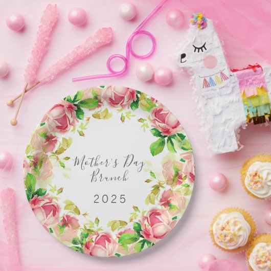 Moederdag Brunch - roze rozen Papieren Bordje (Feest)