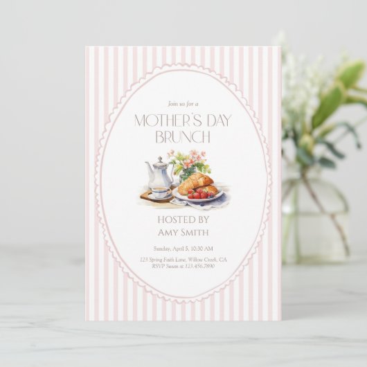 Moederdag Brunch Roze Strepen Ontbijt Kaart (Staand voorkant)