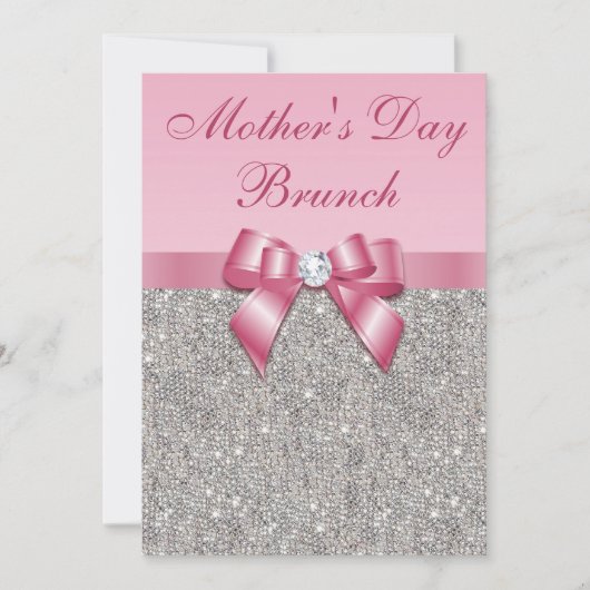 moederdag Brunch Silver Jewels Pink Faux Bow Kaart (Voorkant)