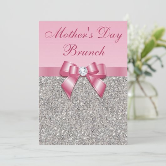 moederdag Brunch Silver Jewels Pink Faux Bow Kaart (Staand voorkant)
