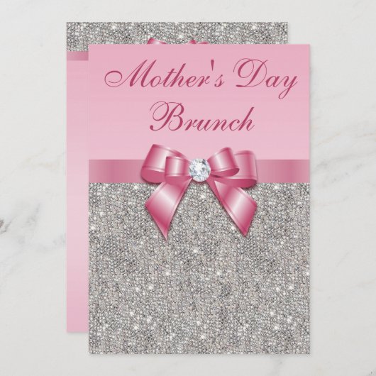 moederdag Brunch Silver Jewels Pink Faux Bow Kaart (Voorkant / Achterkant)