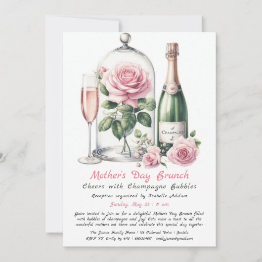 Moederdag brunch uitnodiging – Champagne & Roze (Voorkant)