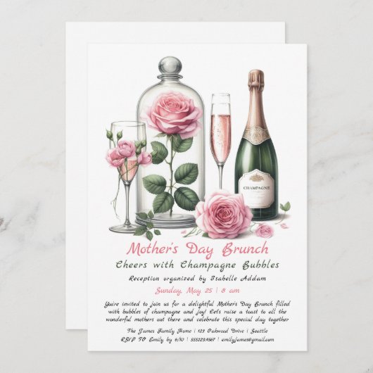 Moederdag brunch uitnodiging – Champagne & Roze (Voorkant / Achterkant)