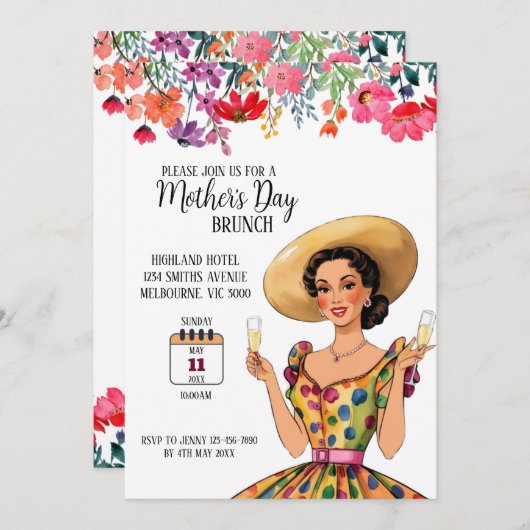 Moederdag Brunch Uitnodiging - Dame in jurk (Voorkant / Achterkant)