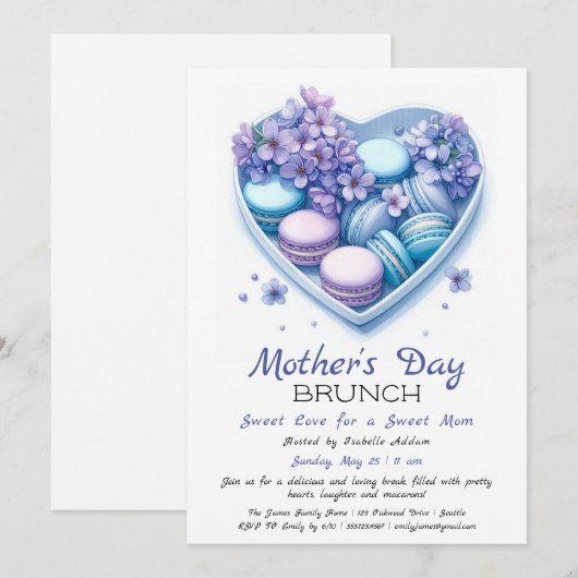 Moederdag brunch uitnodiging | Heart Macaron (Voorkant / Achterkant)