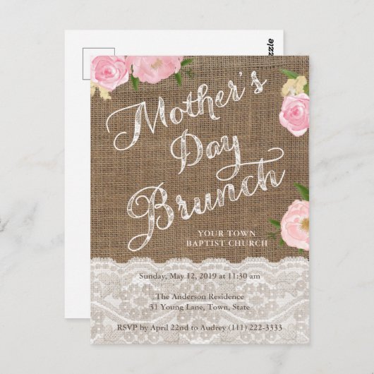 Moederdag Brunch uitnodigt, rustieke roze bloemen Briefkaart (Voorkant / Achterkant)