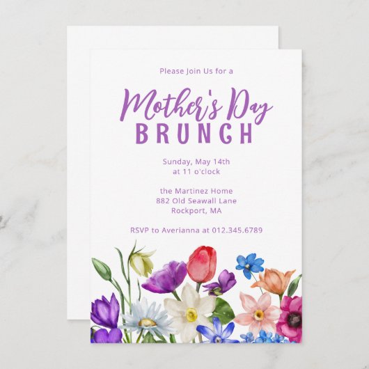 Moederdag Brunch Wildflower Uitnodiging (Voorkant / Achterkant)