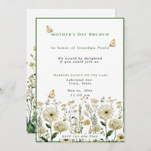 Moederdag Brunch Witte Bloemen Vlinders Kaart (Voorkant / Achterkant)