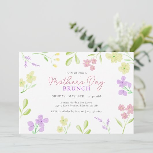 Moederdag Brunch Zachte Bloemen Waterverf Pastel Kaart (Staand voorkant)