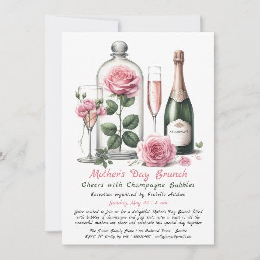 Moederdag brunchuitnodiging – Champagne & Roze Kaart (Voorkant)