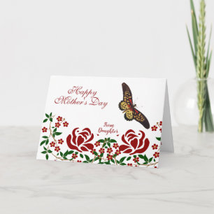 Moederdag Butterfly Red Roses Green Foliage Kaart