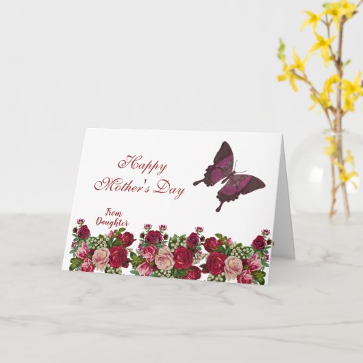 Moederdag Butterfly Rustic Rozen Burgundy Floral Kaart (Gele Bloem)