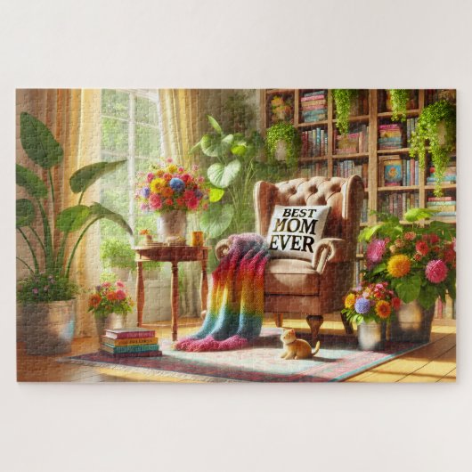 Moederdag cadeau: Moeders knusse leeshoek met kat Legpuzzel (Horizontaal)