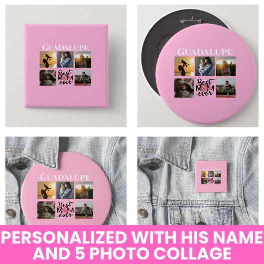 Moederdag Cadeaus Foto Collage Trendy Roze Ronde Button 3,2 Cm