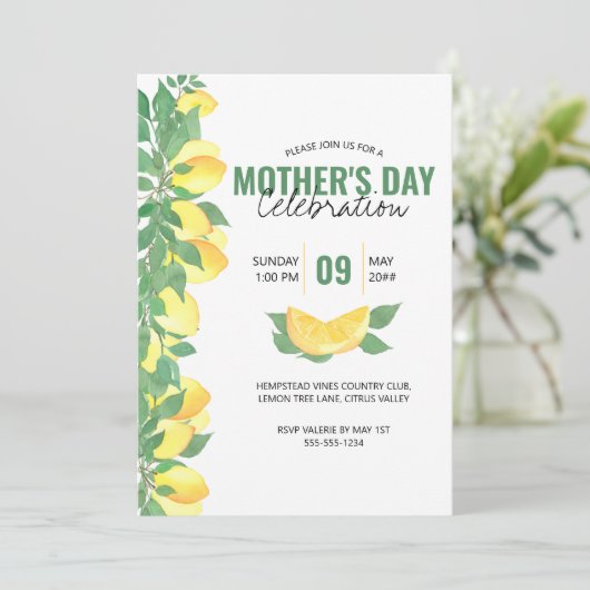 Moederdag Celebration Citrus Lemons Invitation Kaart (Staand voorkant)