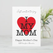 Moederdag citaat ik hou van mijn moeder rood hart feestdagenkaart (Staand voorkant)