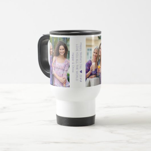 Moederdag Collage met 3 Foto's en aangepaste tekst Reisbeker (Voorkant links)