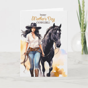 Moederdag Cowgirl en Zwarte Paard Feestdagen Kaart