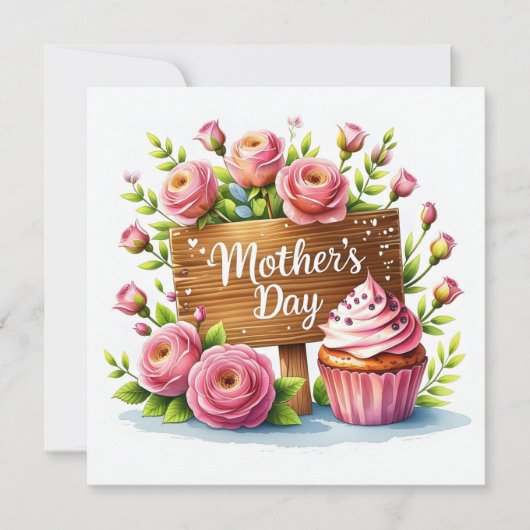 Moederdag Cupcake en Rozen Feestdagenkaart (Voorkant)