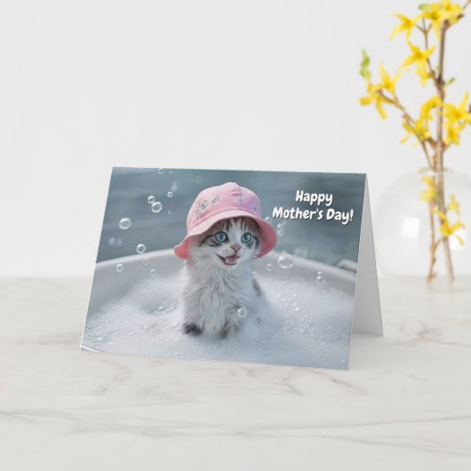 Moederdag Cute en Leuke Kat Bubbelbad Kaart (Gele Bloem)