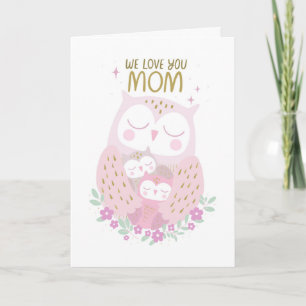 Moederdag Cute Pastel Roze Paarse Uilen Kaart