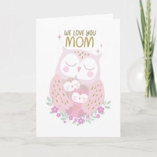 Moederdag Cute Pastel Roze Paarse Uilen Kaart