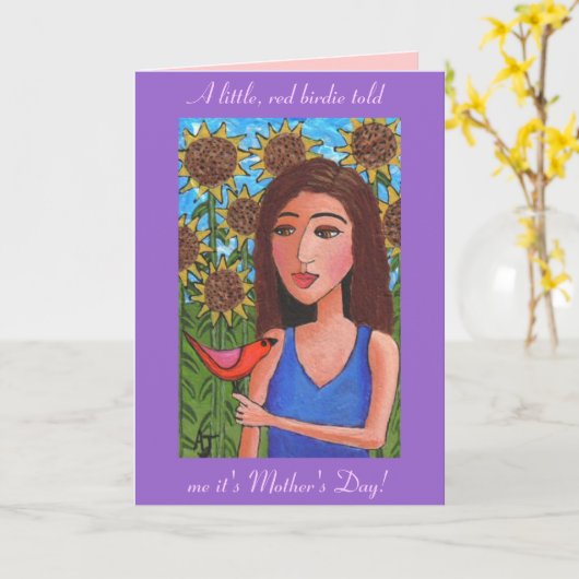 Moederdag & de kleine, rode birdie - kaart (Gele Bloem)
