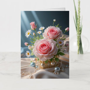 Moederdag Delicate roze rozen en witte madeliefjes Folie Wenskaart