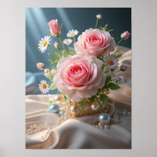 Moederdag Delicate roze rozen en witte madeliefjes Poster