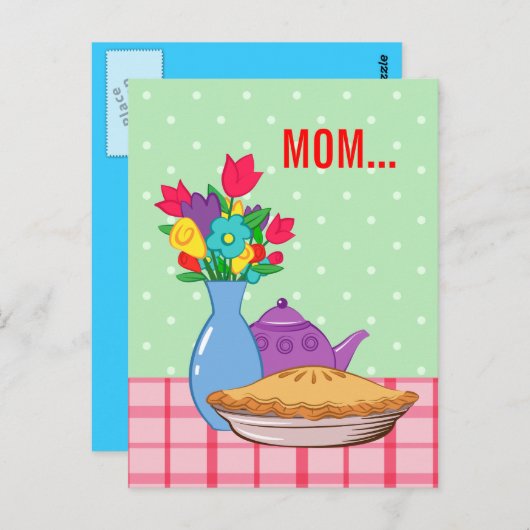 Moederdag design met bloem, taart en theepot briefkaart (Voorkant / Achterkant)
