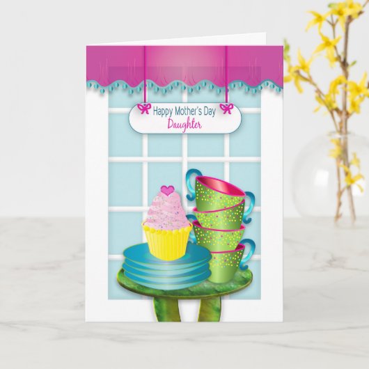Moederdag, dochter, Raam en Cupcake en Cups Kaart (Gele Bloem)