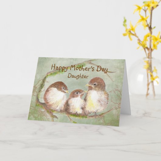 Moederdag-dochter Sparrow Bird Family Kaart (Gele Bloem)