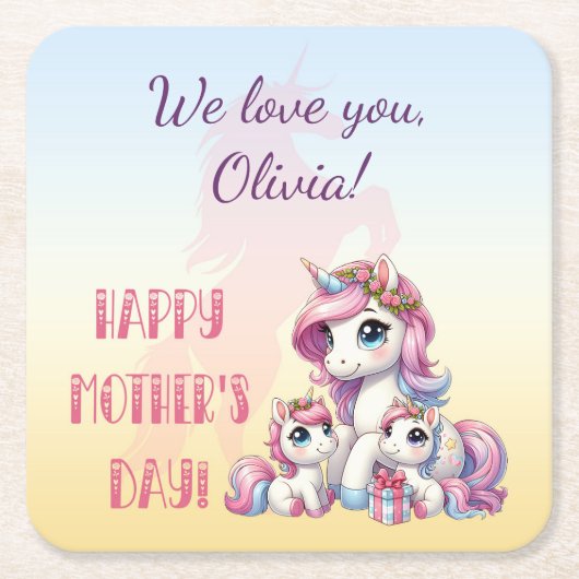 Moederdag eenhoorn-themafeest kartonnen onderzetters (Voorkant)