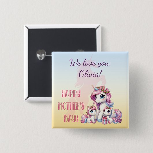 Moederdag eenhoorn-themafeest vierkante button 5,1 cm (Voorkant /achterkant)