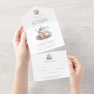 Moederdag Elegante Tea Party Waterverf All In One Uitnodiging