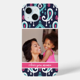 Moederdag Foto van Navy en Pink Ikat Paisley iPhone 15 Case