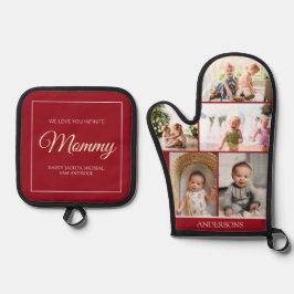 Moederdag Fotocollage Aangepast rood Ovenwant & Pannenlap Set