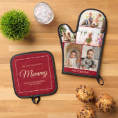 Moederdag Fotocollage Aangepast rood Ovenwant & Pannenlap Set (Top down)