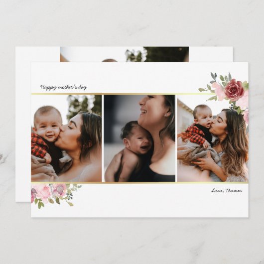 Moederdag Fotocollage bloemig roze goud Feestdagenkaart (Voorkant / Achterkant)