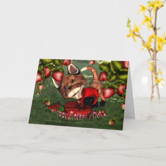 Moederdag Fox met aardbeien en tuin Kaart (Gele Bloem)