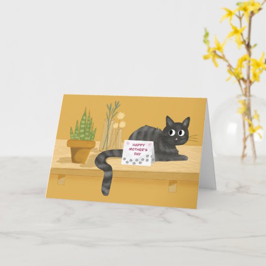 Moederdag Funny Cat op tafel met Planten Kaart (Gele Bloem)