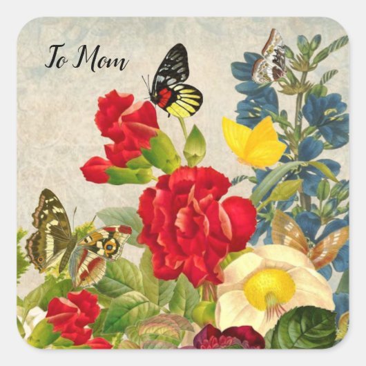Moederdag Garden Carnans Rozen Butterflies Vierkante Sticker (Voorkant)