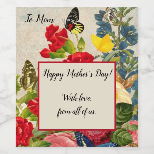 Moederdag Garden Carnans Rozen Butterflies Wijn Etiket (Enkel label)