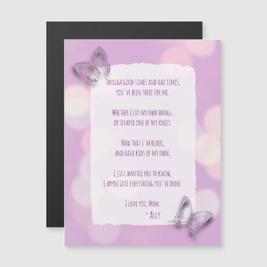 Moederdag gedicht Paarse vlinder (Voorkant / Achterkant)