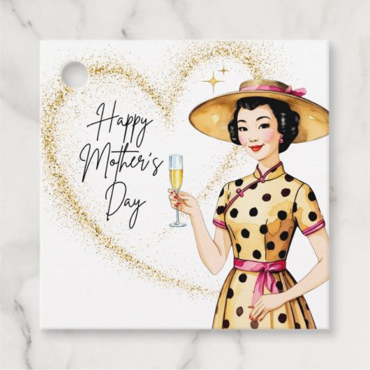 Moederdag Gift Labels - Aziatische dame met gouden (Voorkant)