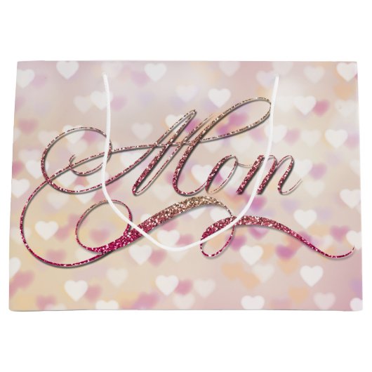 Moederdag - Glitter Word Art Bokeh Hearts Groot Cadeauzakje (Voorkant)