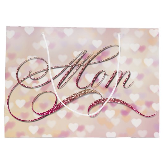 Moederdag - Glitter Word Art Bokeh Hearts Groot Cadeauzakje (Achterkant)